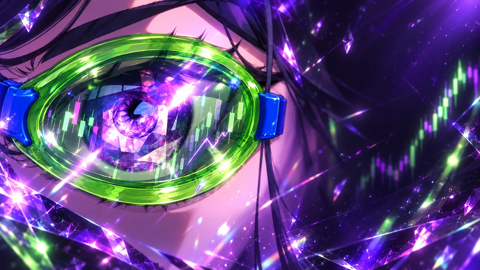 The goggled prophecy eye analyzing abstract market reflections
