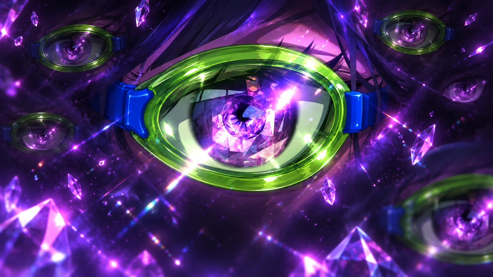 A central goggled prophecy eye surrounded by distant watchers